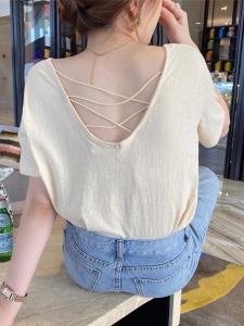 RM18292#短袖t恤女夏季小心机设计感2023新款小个子宽松棉麻体恤露背上衣