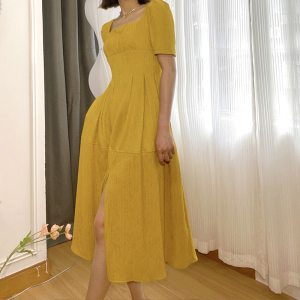 TR41298# 柿柿如意显白黄色方领连衣裙 服装批发女装批发服饰货源