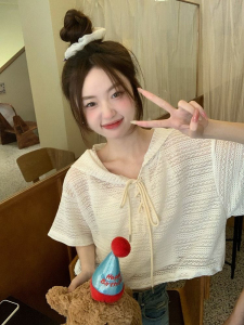 TR40925# 连帽短款防晒蕾丝衫女装夏季韩版2023新款绑带设计感宽松短袖罩衫