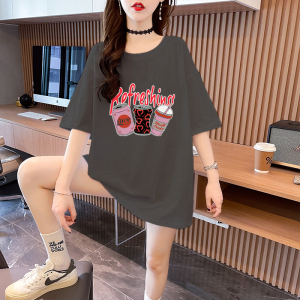 RM18401#纯棉大码韩版宽松休闲印花T恤夏新款百搭落肩短袖女