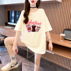 RM18401#纯棉大码韩版宽松休闲印花T恤夏新款百搭落肩短袖女