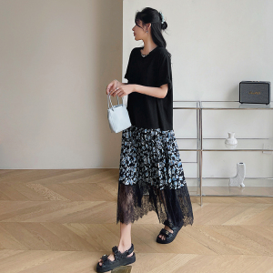 RM20070#夏新款 长款大码拼色拼接压褶蕾丝裙摆假两件短袖连衣裙