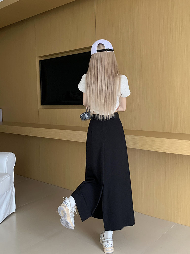 Mid-length skirt women's high waist slim A-line skirt pleated long skirt 2023 Xia Xin gift belt