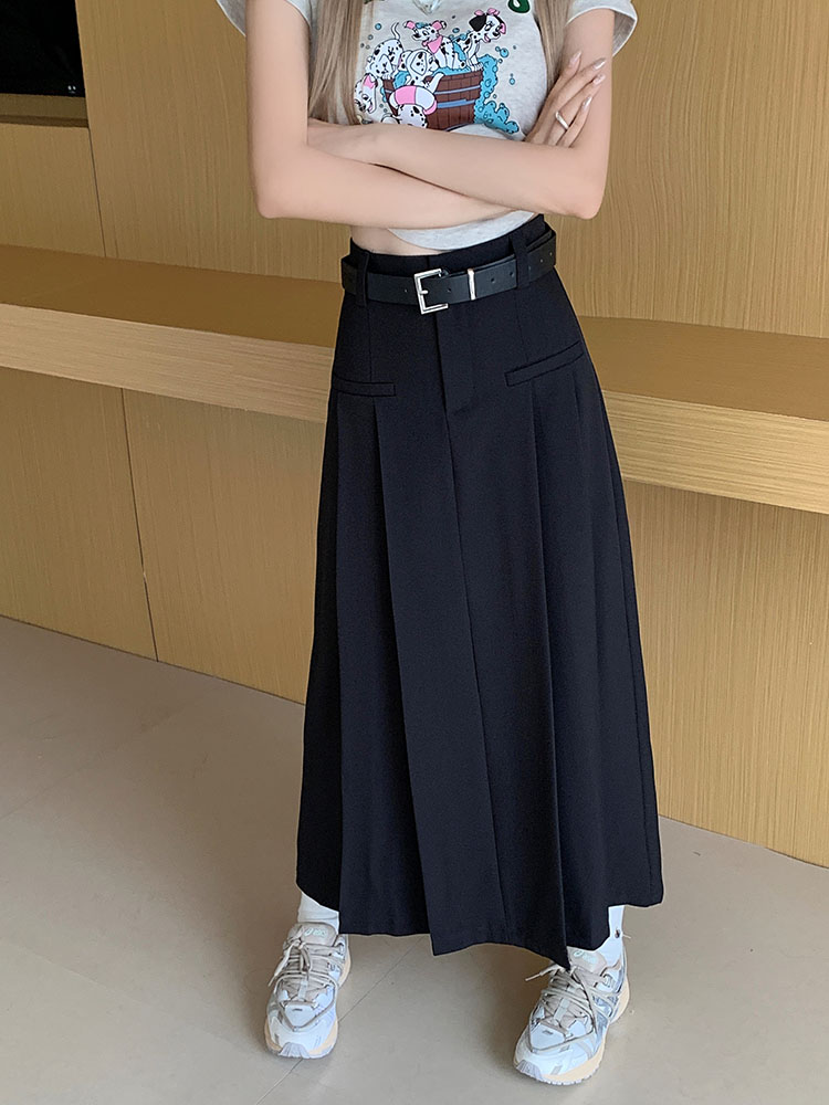 Mid-length skirt women's high waist slim A-line skirt pleated long skirt 2023 Xia Xin gift belt