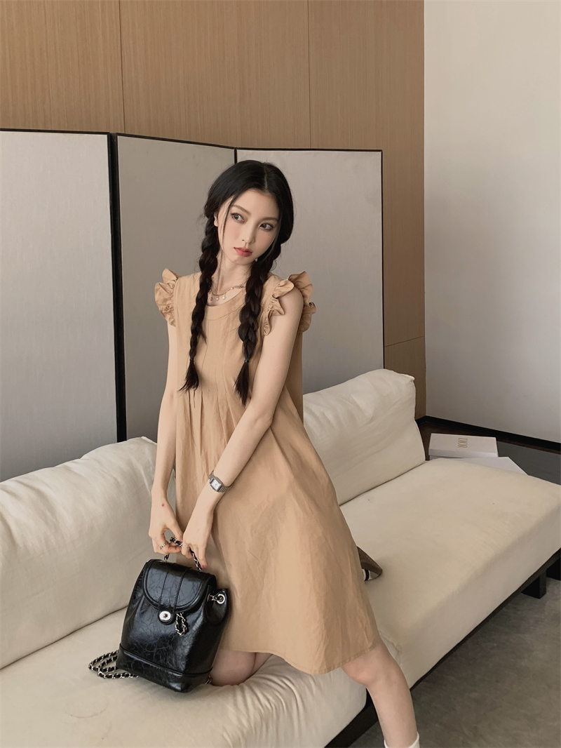 ~Fashionable round neck and high-end pleated mid-skirt with flying sleeves Chic small foreign skirt