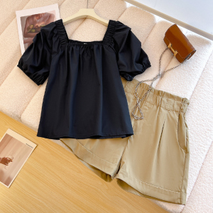 RM19661#夏季法式方领泡泡袖衬衫上衣洋气小衫显瘦高腰阔腿裤两件套