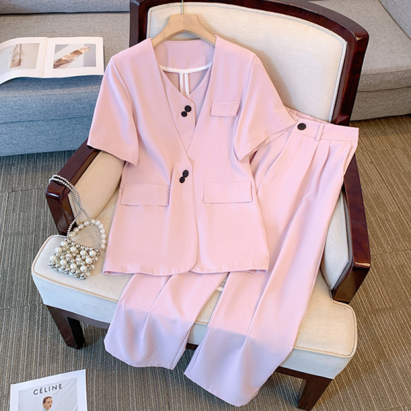 RM19728#干练气质女装职业套装女气质女神范高端小香风粉色西装两件套