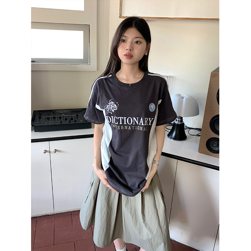 Actual shot of Korean retro jersey style versatile short-sleeved T-shirt summer new contrasting round neck top