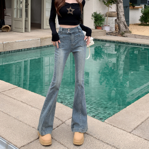 TR41700#  复古微喇叭牛仔裤女春季新款高腰显瘦直筒裤辣妹长裤子 服装批发女装批发服饰货源