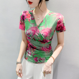 RM22386#夏季皱褶交叉V领时尚短袖网纱印花时尚修身显瘦打底衫潮