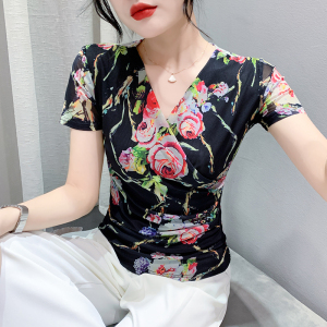 RM22385#夏季皱褶交叉V领时尚短袖网纱印花时尚修身显瘦打底衫潮