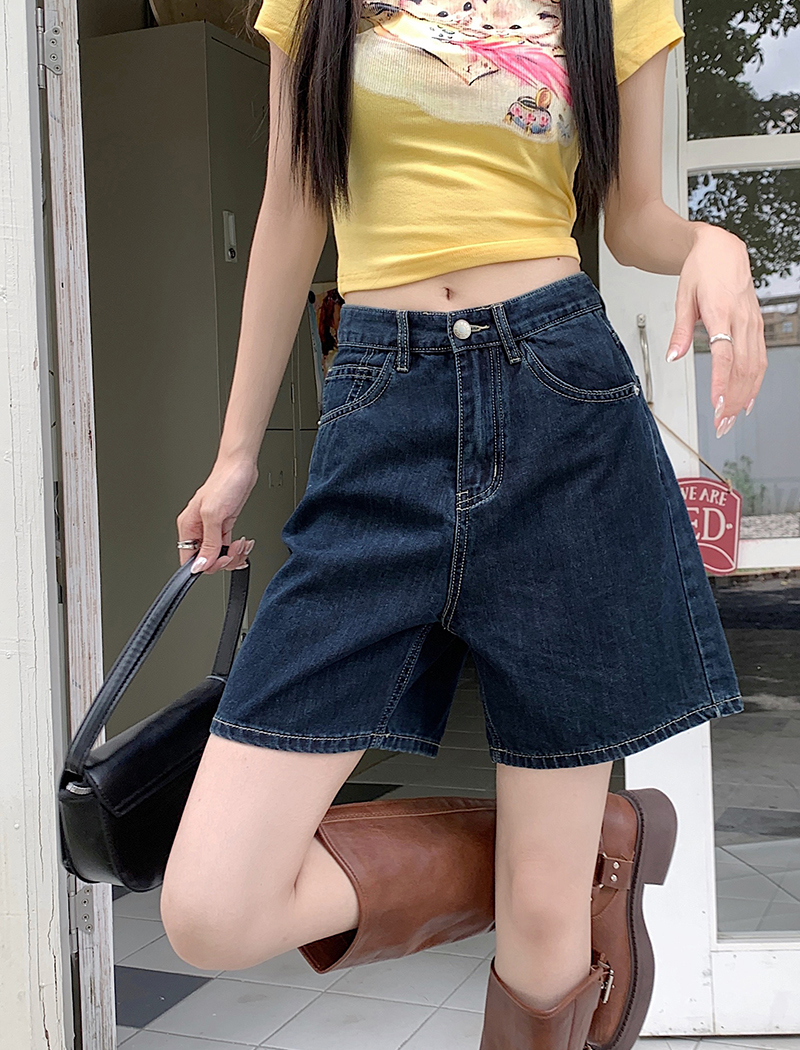 Actual shot of retro washed straight denim shorts, women's high waist slimming loose casual wide leg shorts
