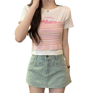 TR41423# 夏季韩版纯棉后包领小众假两件印花短款短袖T恤女 服装批发女装批发服饰货源