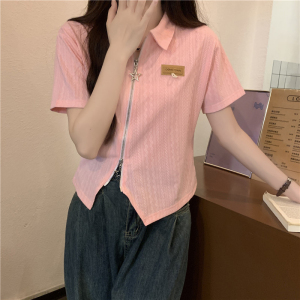 TR41424# 夏季韩版修身纯棉高弹开衫双拉链POLO领短款短袖T恤女 服装批发女装批发服饰货源