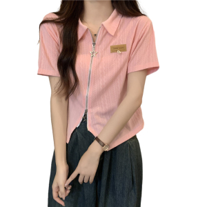 TR41424# 夏季韩版修身纯棉高弹开衫双拉链POLO领短款短袖T恤女 服装批发女装批发服饰货源
