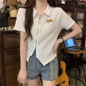 TR41424# 夏季韩版修身纯棉高弹开衫双拉链POLO领短款短袖T恤女 服装批发女装批发服饰货源