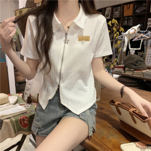 TR41424# 夏季韩版修身纯棉高弹开衫双拉链POLO领短款短袖T恤女 服装批发女装批发服饰货源