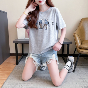 RM19678#螺纹夏装韩版宽松圆领卡通刺绣简约大码短袖T恤女