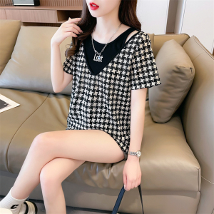 RM19664#夏装韩版宽松假两件条纹刺绣大码短袖T恤女