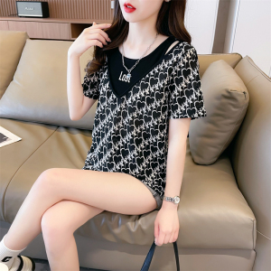 RM19665#夏装韩版宽松假两件条纹刺绣大码短袖T恤女
