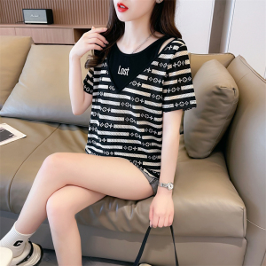 RM19666#夏装韩版宽松假两件条纹刺绣大码短袖T恤女