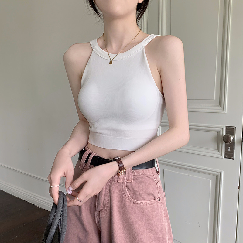 Summer solid color striped fixed chest pad vest small sling with short section exposed umbilical sleeveless bottoming top