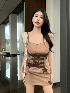 TR45111# 西部牛仔咖色绑带修身吊带连衣裙女夏 服装批发女装批发服饰货源