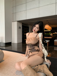 TR45111# 西部牛仔咖色绑带修身吊带连衣裙女夏 服装批发女装批发服饰货源