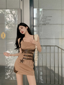 TR45111# 西部牛仔咖色绑带修身吊带连衣裙女夏 服装批发女装批发服饰货源