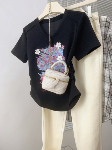 RM20361#夏日樱花港味复古chic钉珠重工设计感小众短袖t恤女上衣
