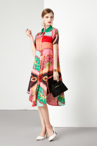 RM19451#POLO领印花短袖洋气大码宽松单排扣夏季中长裙连衣裙