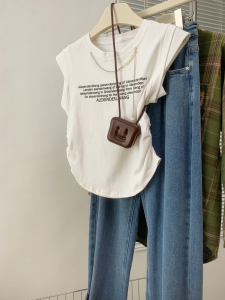 RM20362#夏季美式复古别致甜辣妹修身上衣设计感小众飞飞袖t恤女