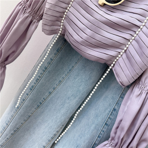 TR46390# 法式方领紫色缎面光泽感褶皱短款衬衫女新款气质小众 服装批发女装批发服饰货源