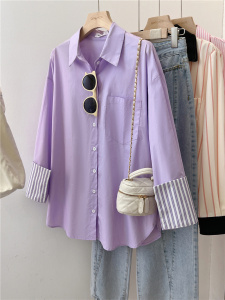 TR55052# 图~紫色拼接条纹polo领衬衫女春新款宽松休闲长袖衬衣 服装批发女装批发服饰货源