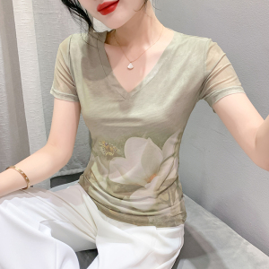 RM22384#夏季时尚纱网印花定位花短袖V领修身显瘦洋气上衣潮