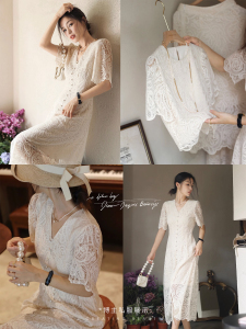 RM19602#珍妮芙镂空蕾丝连衣裙女2023夏季新款白色法式赫本风裙子
