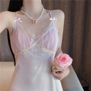 TR42289# 新款性感睡衣冰丝带胸垫蕾丝吊带裙睡裙长裙 服装批发女装批发服饰货源