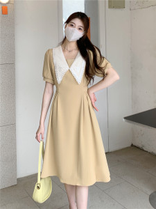 RM19001#夏装新款娃娃领连衣裙法式赫本风复古显瘦气质泡泡袖中长裙