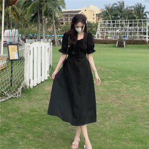 RM19725#法式短袖温柔风连衣裙女小众设计感系带收腰显瘦中长裙子