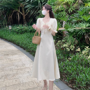 RM19725#法式短袖温柔风连衣裙女小众设计感系带收腰显瘦中长裙子