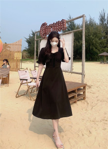 RM19725#法式短袖温柔风连衣裙女小众设计感系带收腰显瘦中长裙子