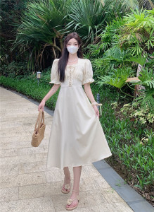 RM19725#法式短袖温柔风连衣裙女小众设计感系带收腰显瘦中长裙子