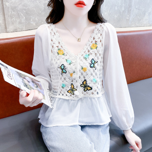RM19220#新款镂空绣花拼接假两件套针织衫甜美设计感显瘦上衣