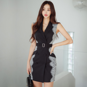 RM19907#夏季新款韩版气质西装裙修身双排扣拼接蕾丝职业连衣裙