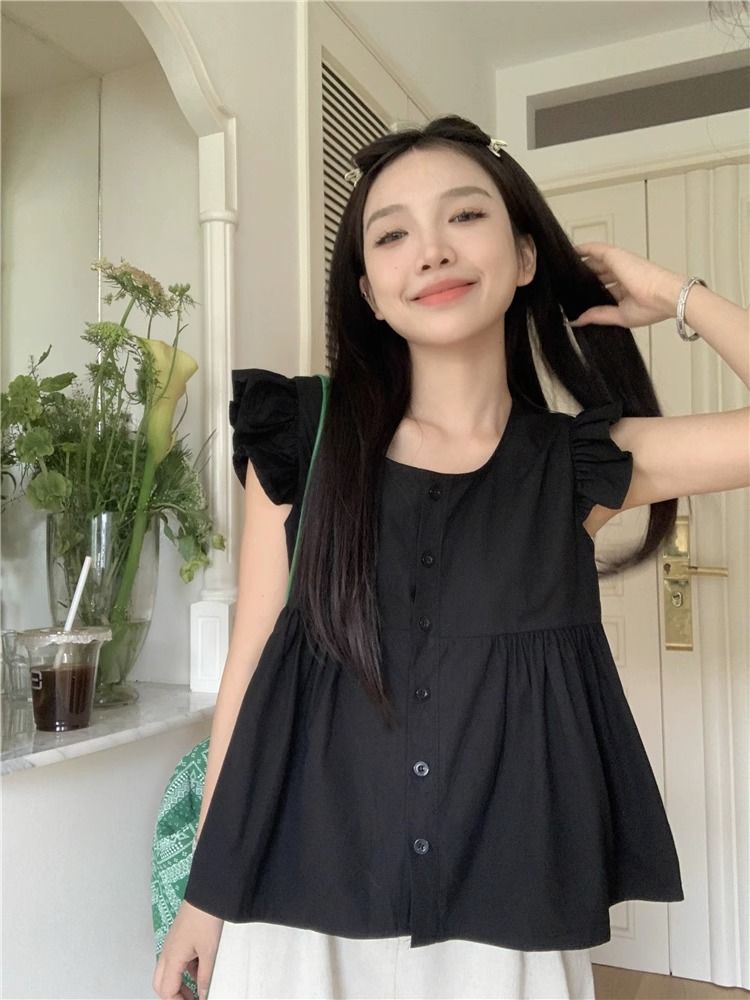Ruffled small flying sleeve shirt summer design feeling small crowd age-reducing foreign style short a-line doll shirt top women's clothing