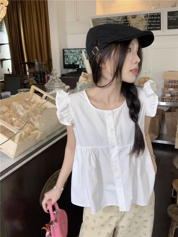 Ruffled small flying sleeve shirt summer design feeling small crowd age-reducing foreign style short a-line doll shirt top women's clothing