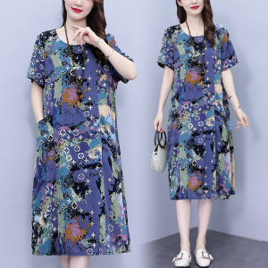 RM20744#大码连衣裙2023夏季新款女高端洋气圆领印花遮肚中长款显瘦气质裙