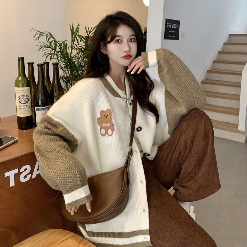 Early autumn sweet and spicy knit cardigan bear embroidery contrast color stitching design lazy wind sweater jacket top tide