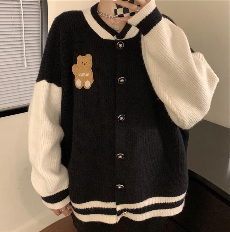Early autumn sweet and spicy knit cardigan bear embroidery contrast color stitching design lazy wind sweater jacket top tide