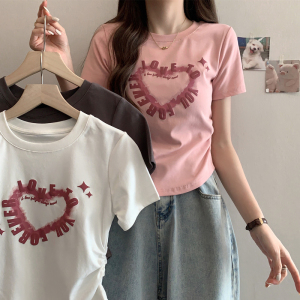 RM18945#圆领褶皱爱心印花t恤女短袖2023夏季新款软糯粉色上衣体恤打底衫